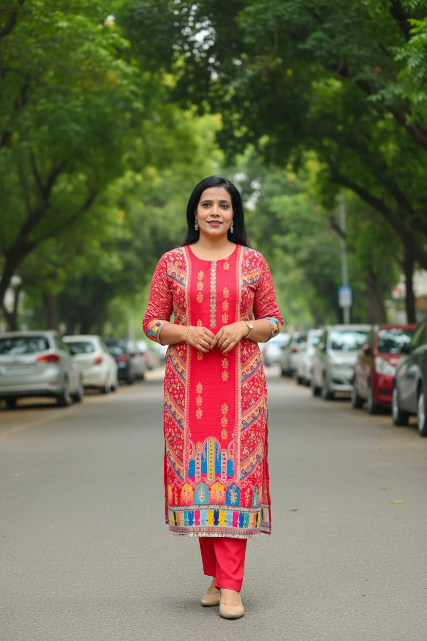 BHAVYA BRIGHT PINK CHINON SUIT SET