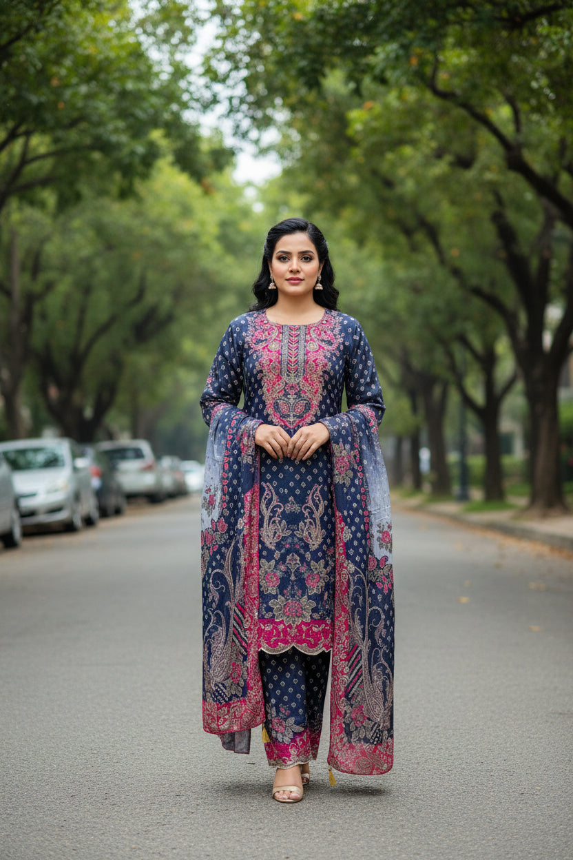Grey Georgette Bandhani Palazzo Suit Set with Mirror Work