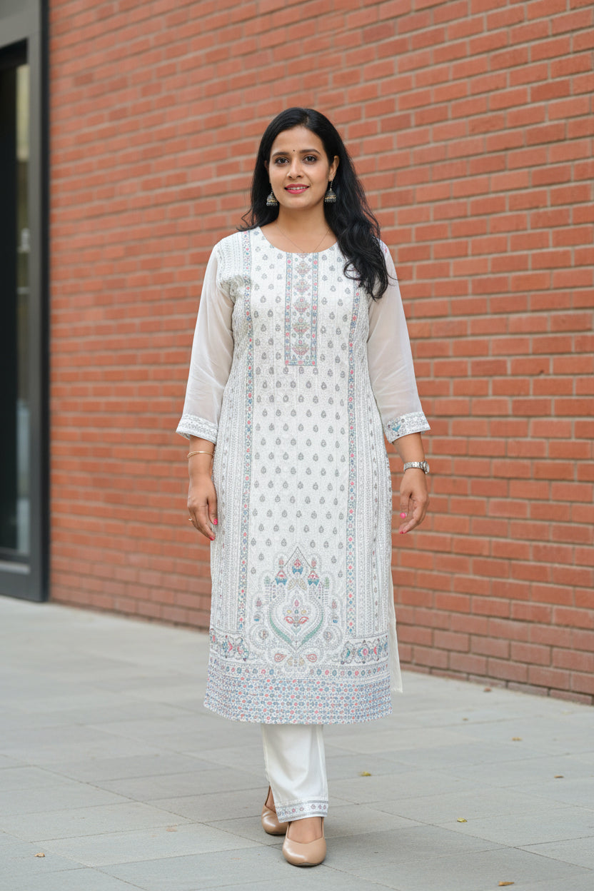 WHITE FULL EMBROIDERED CHINON SUIT SET