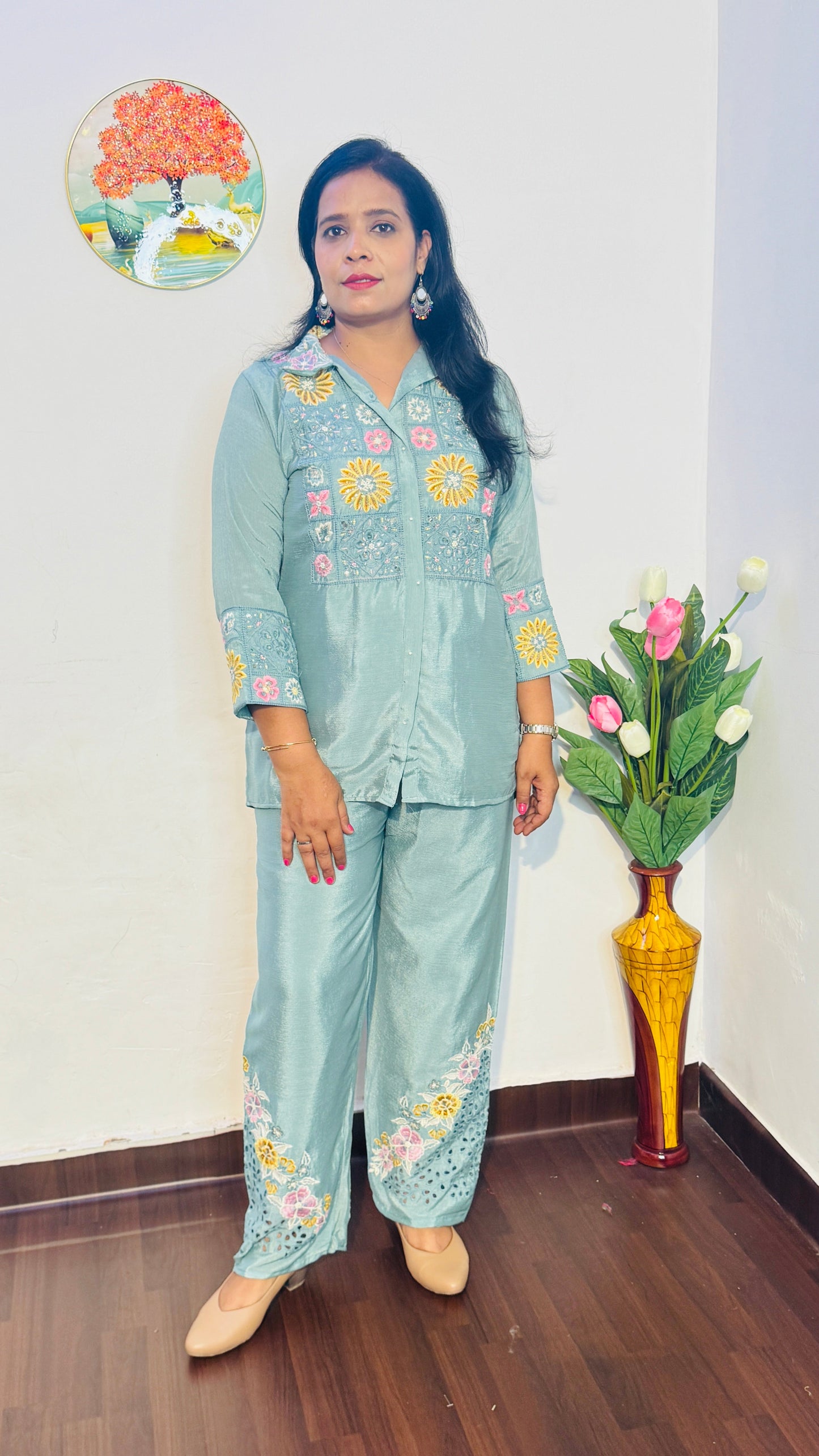 CHINON PISTA GREEN SHIRT FULL EMBROIDERED CO-ORDS SET