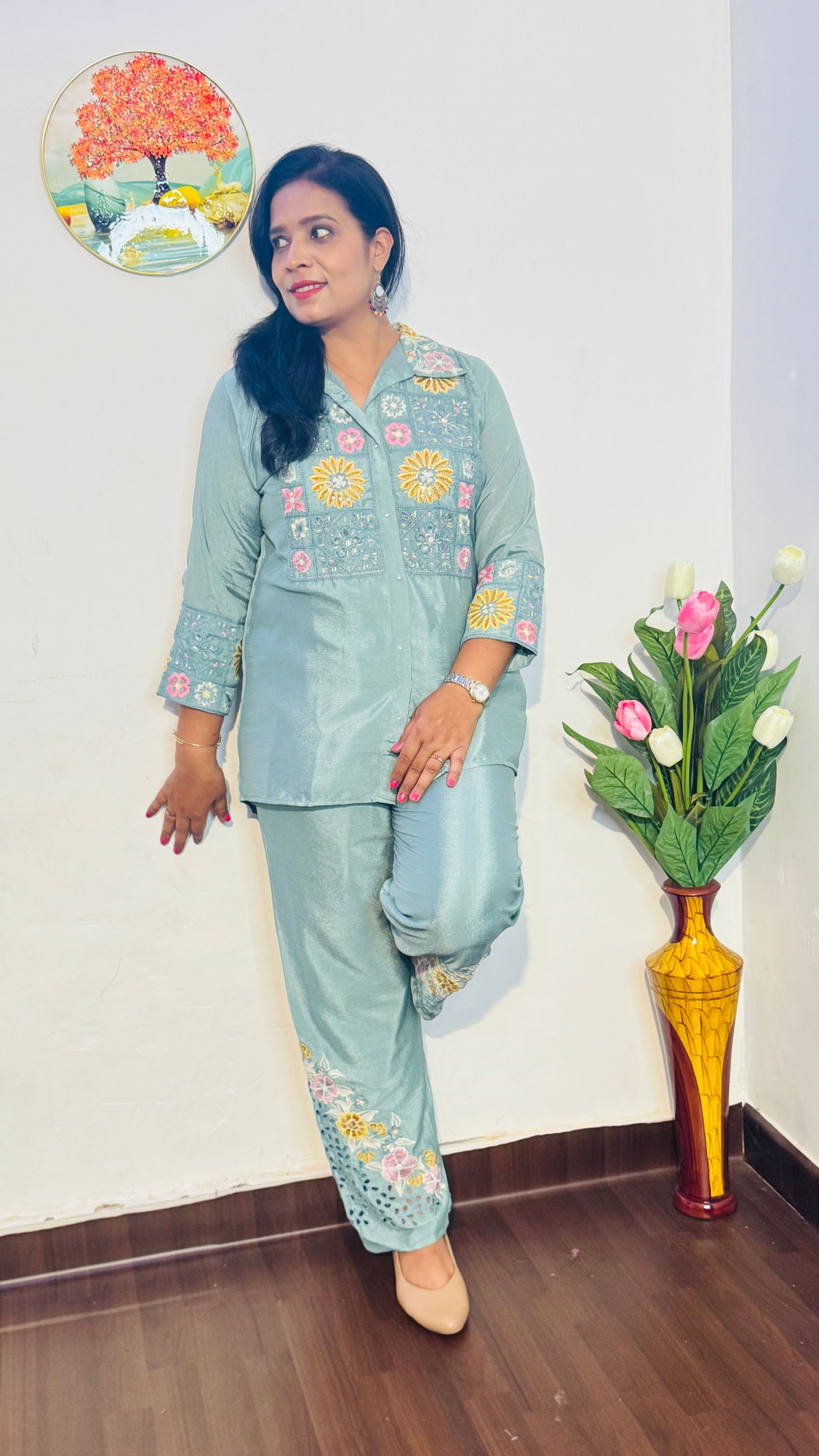 CHINON PISTA GREEN SHIRT FULL EMBROIDERED CO-ORDS SET