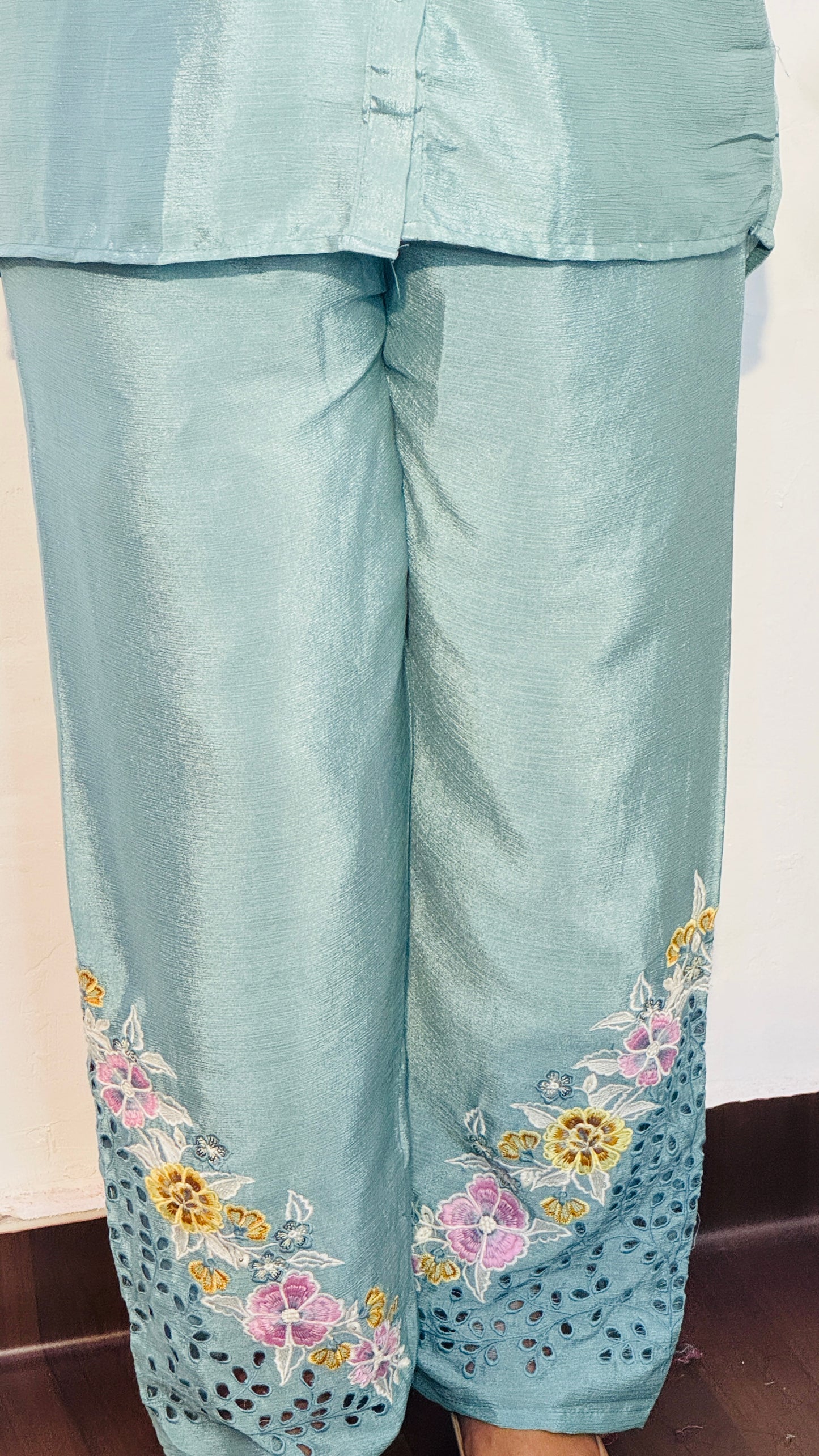 CHINON PISTA GREEN SHIRT FULL EMBROIDERED CO-ORDS SET