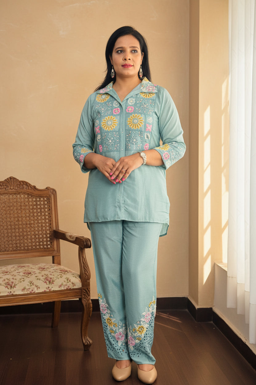 CHINON PISTA GREEN SHIRT FULL EMBROIDERED CO-ORDS SET