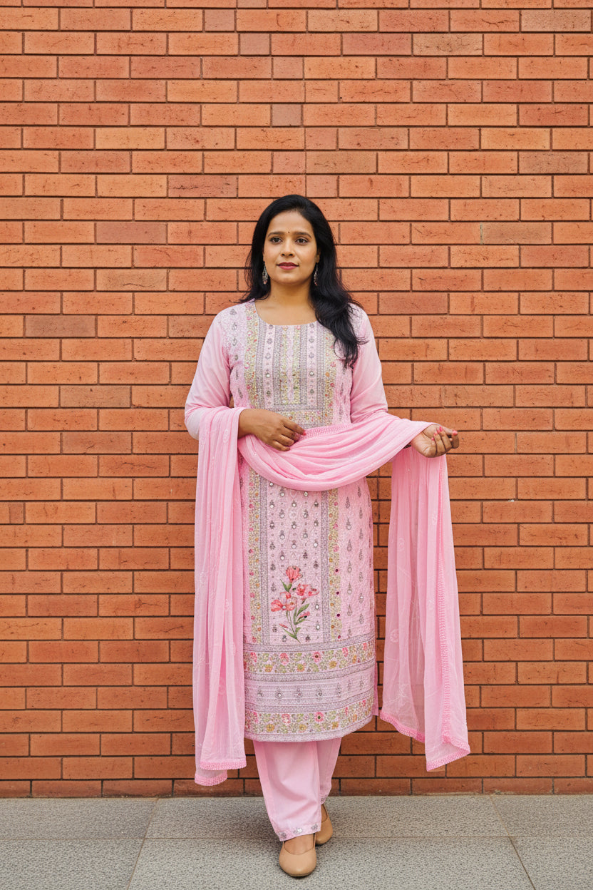 COTTON SIFLY PINK SUIT SET WITH MIRROR WORK | BHAVIAURA