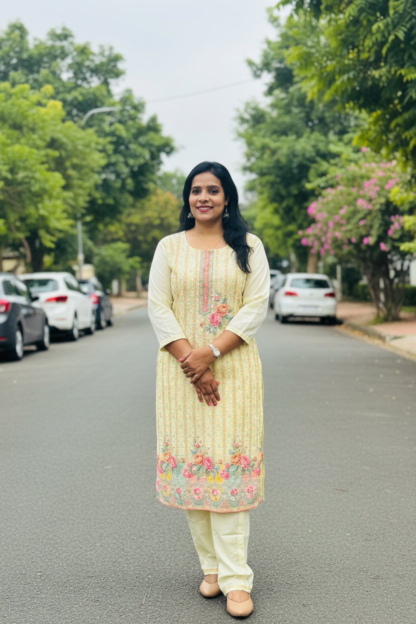 COTTON SIFLY LEMON YELLOW SUIT SET WITH BEADS WORK |BHAVIAURA