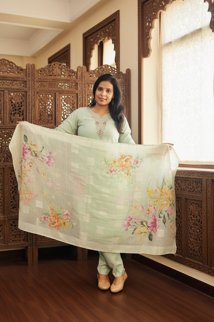 PISTA GREEN EMBRODERED DOLA SILK SUIT SET