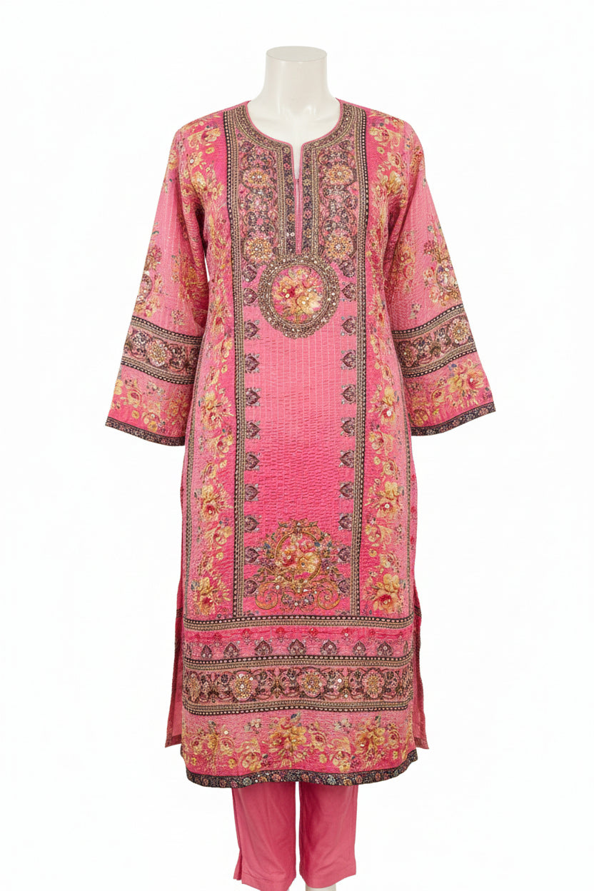 BABY PINK CHINON GOLDEN SEQUIN WITH MIRROR WORK SUIT SET