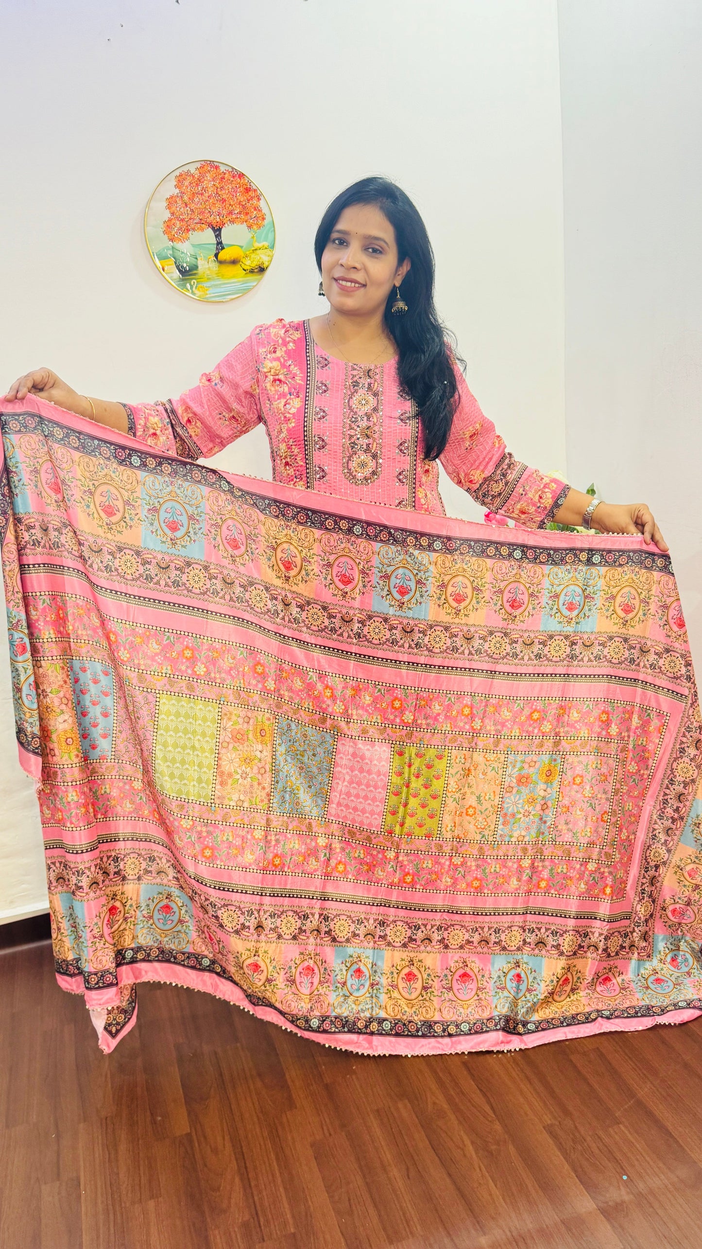 BABY PINK CHINON GOLDEN SEQUIN WITH MIRROR WORK SUIT SET