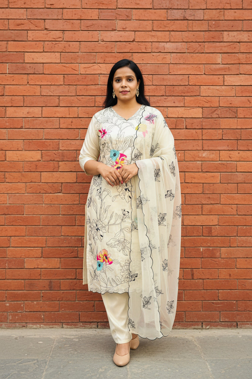 CREAM FLORAL EMBROIDERED TISSUE SILK SUIT SET WITH ORGANZA DUPATTA I BHAVIAURA
