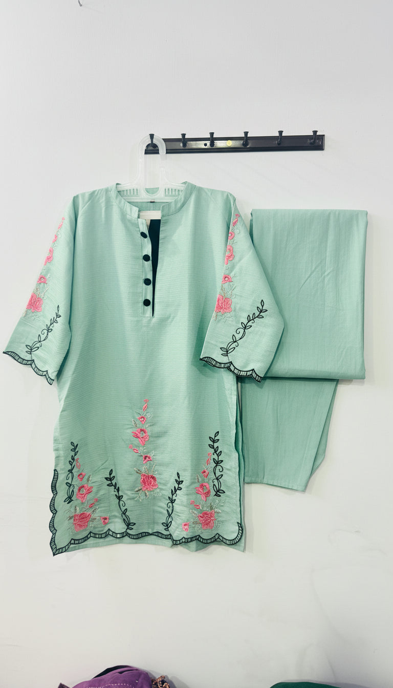 VATICAN SILK EMBROIDERED PISTA GREEN CO-ORD SET