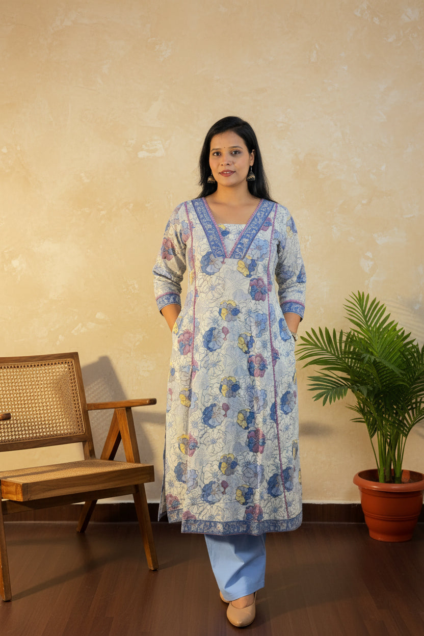 Blue Cotton A-Line Kurta Set
