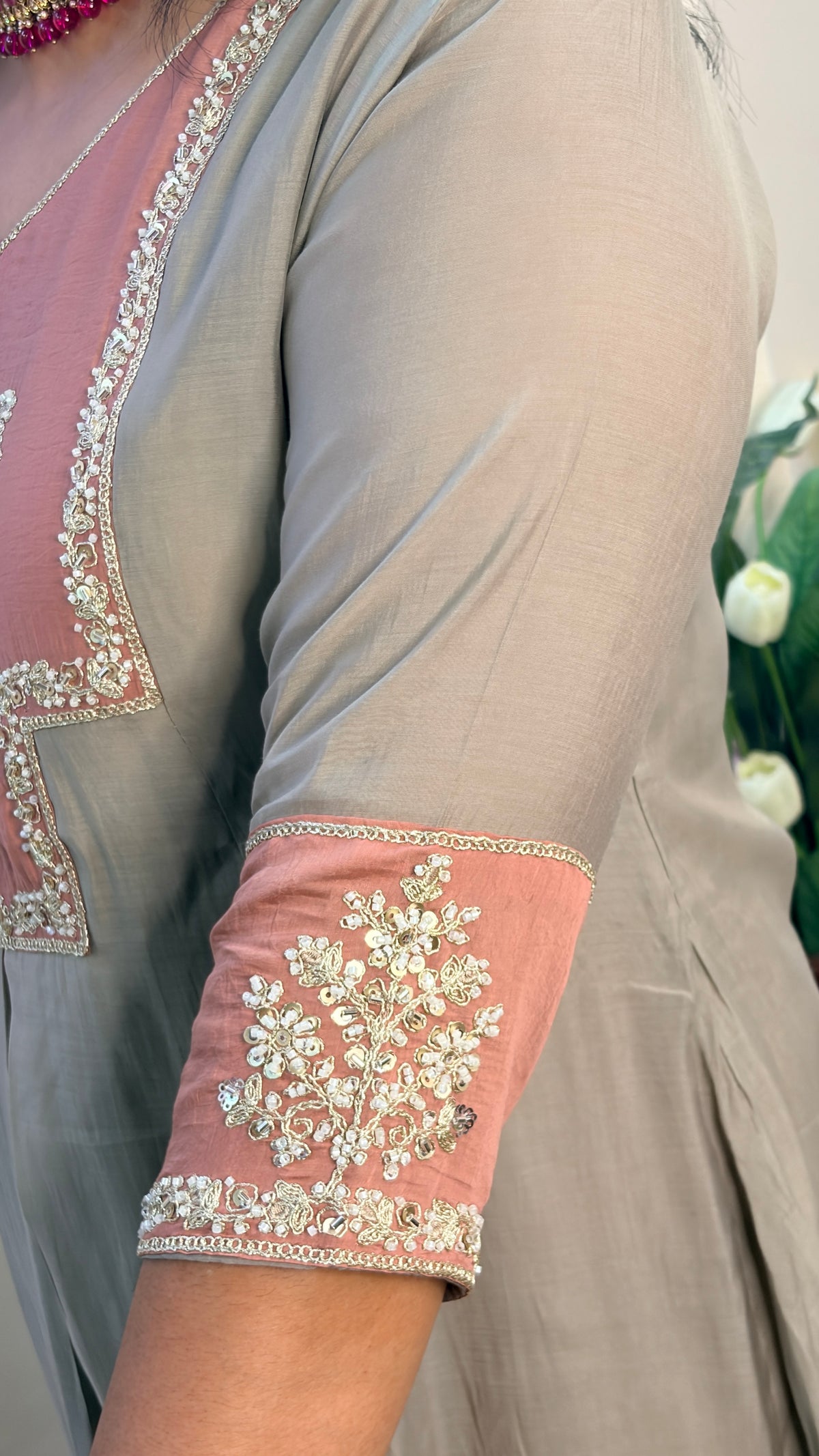 Women's Mul Chanderi Kurta Set with Embroidery & Contrast Dupatta - Taupe & Pink