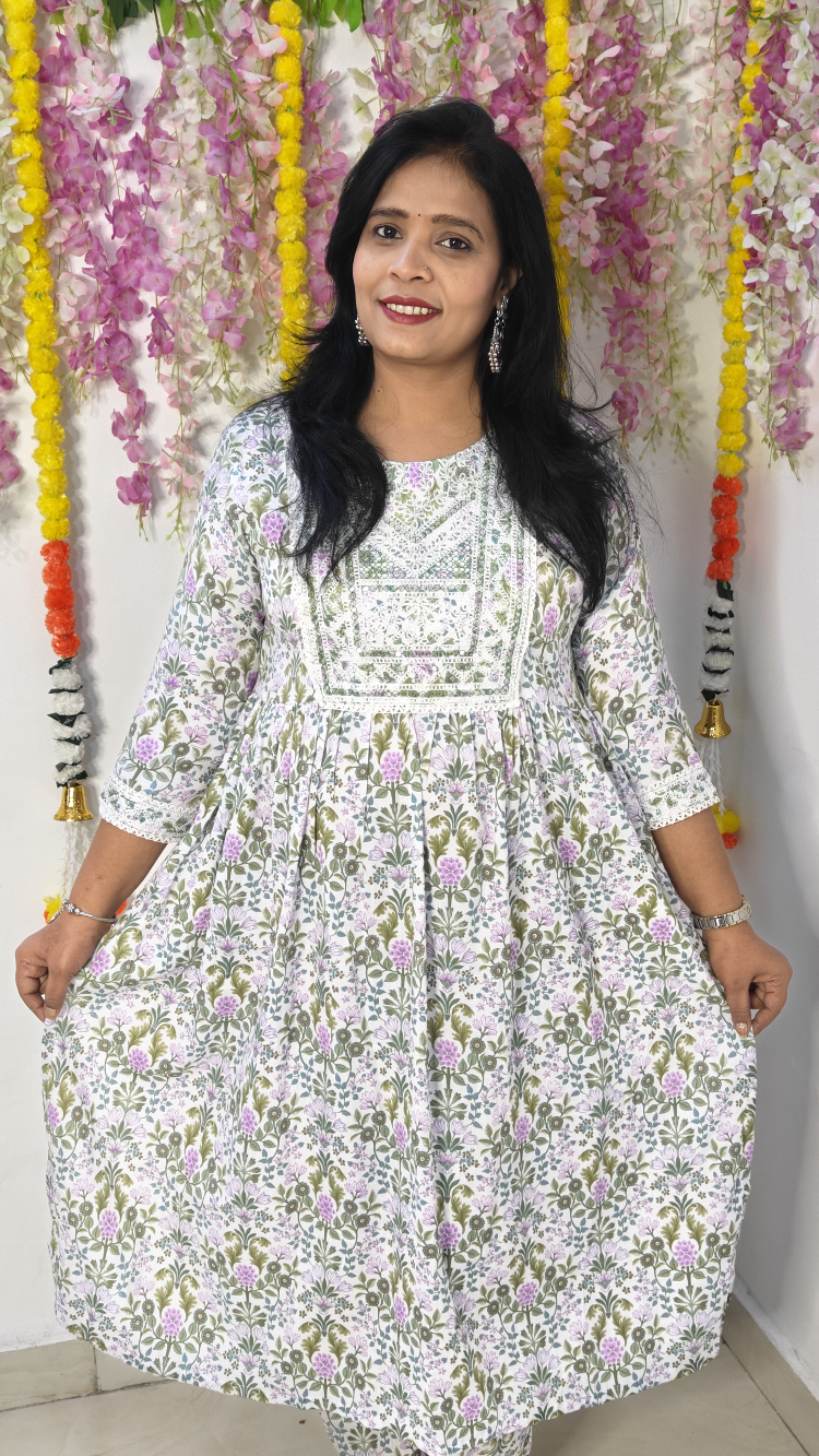 PRINTED EMBROIDERED FLARED WHITE KURTA TROUSER WITH DUPATTA SET