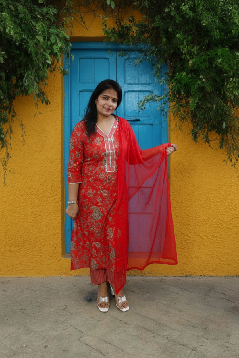 MUSLIN RED SUIT - SET WITH FLORAL PRINT