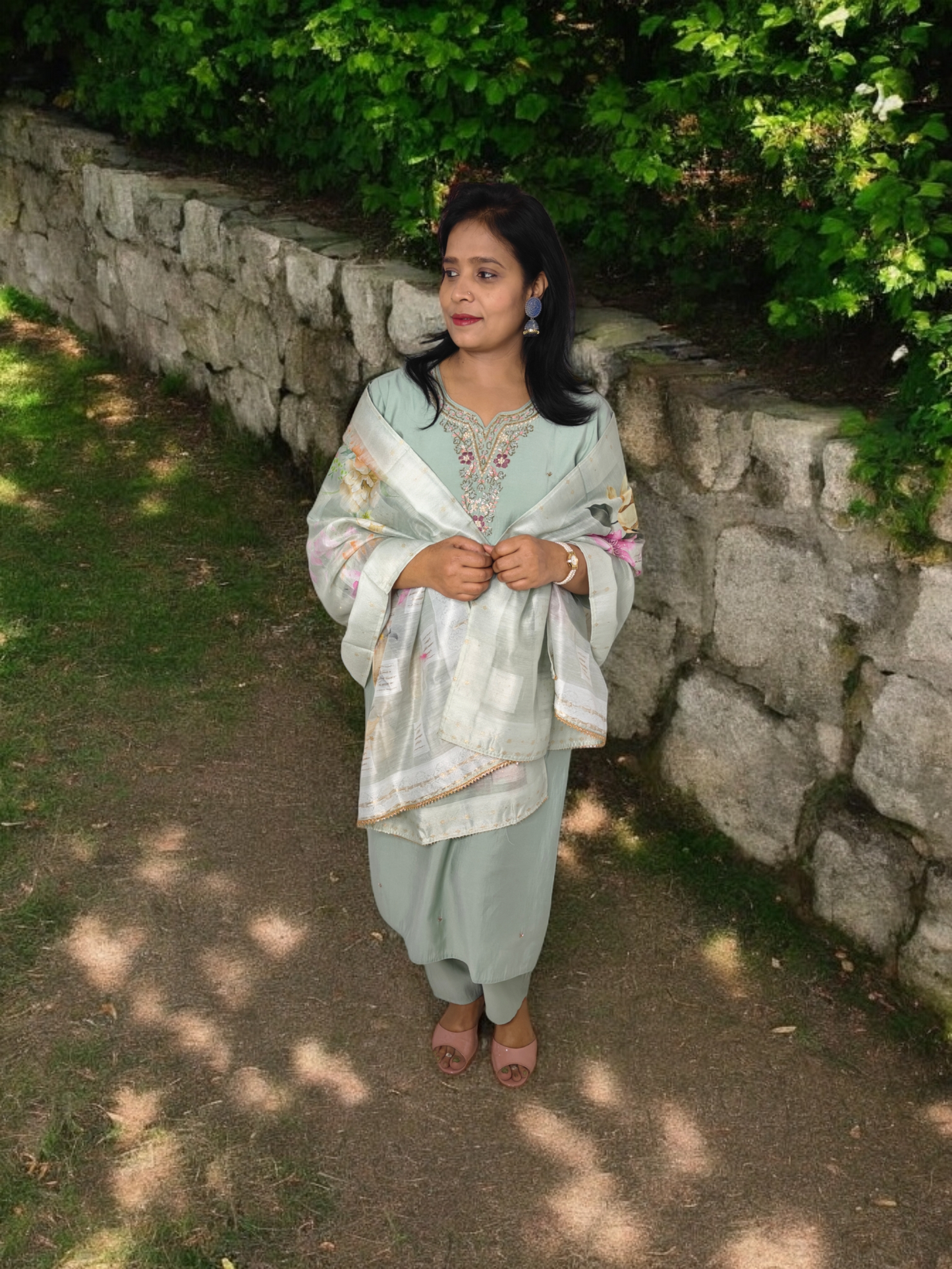 PISTA GREEN EMBRODERED DOLA SILK KURTA SET