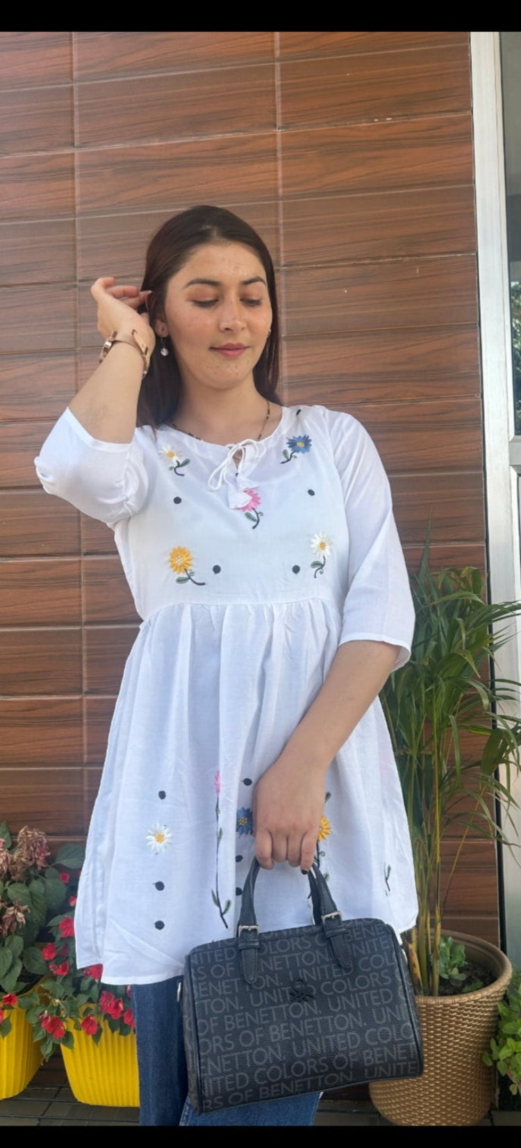 RAYON WHITE SHORT EMBROIDERED KURTI FOR PERFECT WORK WEAR