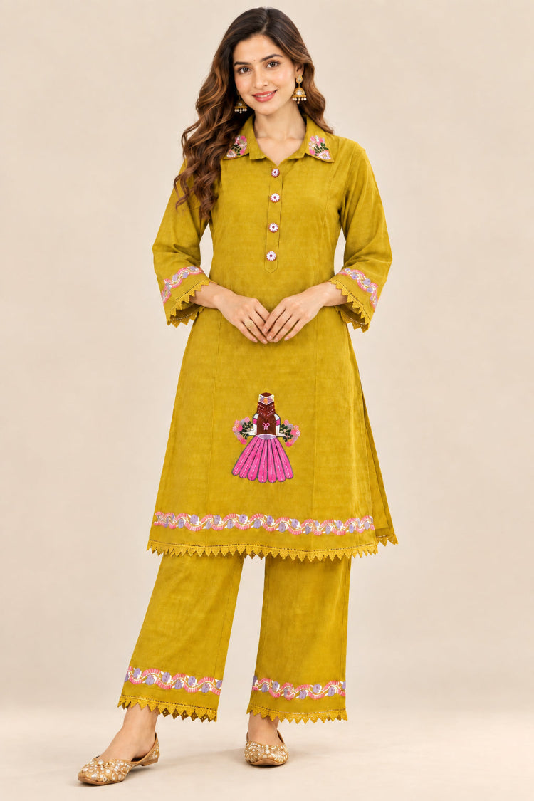 Yellow Dobby Cotton Shirt Tunic & Pant Co-ord Set