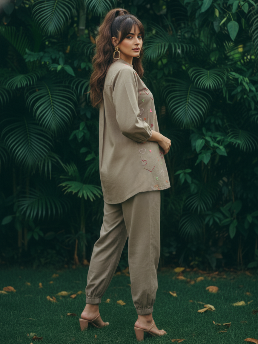 Dusty Olive Grey Embroidered Cotton Co-Ord Set – BHAVIAURA