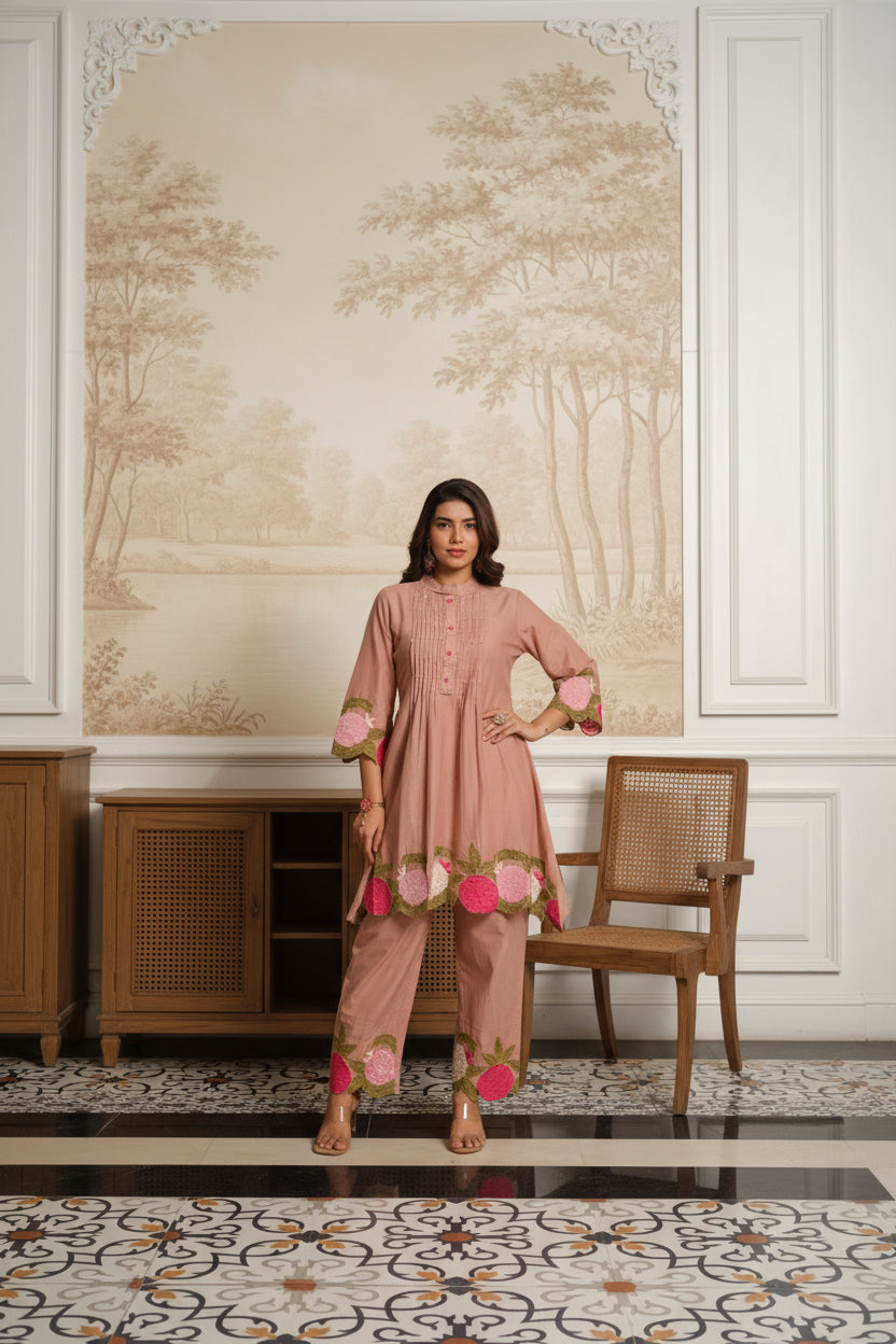 Dusty Rose Mul Cotton Embroidered Co-Ord Set with Mul Lining