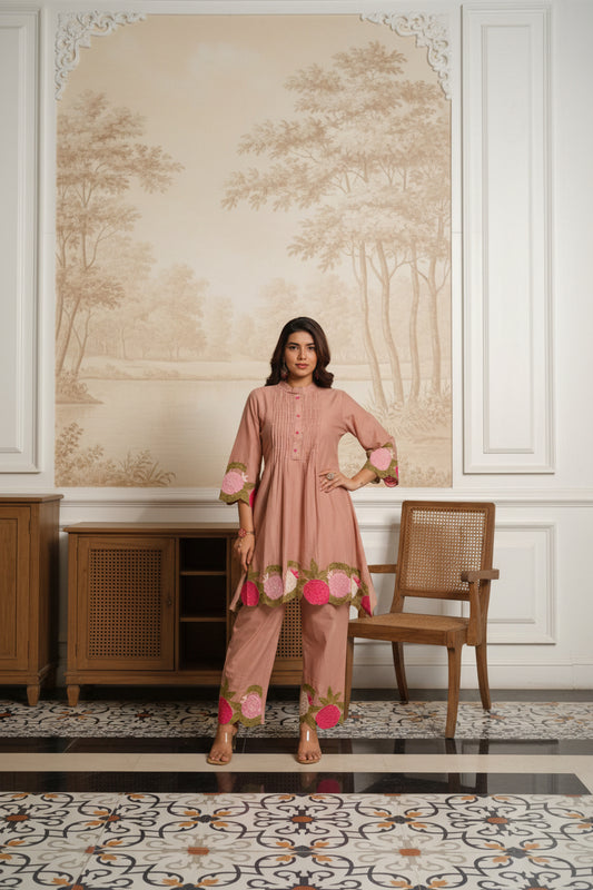 Dusty Rose Mul Cotton Embroidered Co-Ord Set with Mul Lining