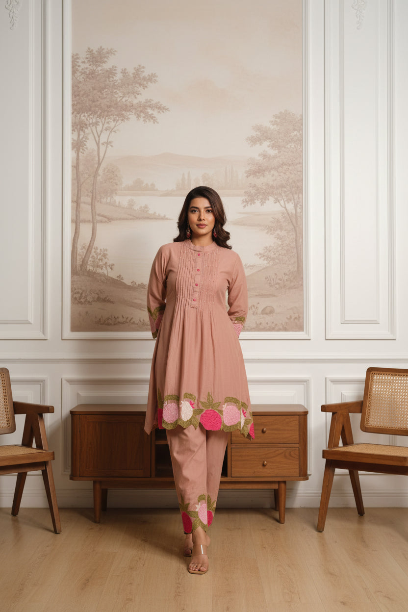 Dusty Rose Mul Cotton Embroidered Co-Ord Set with Mul Lining