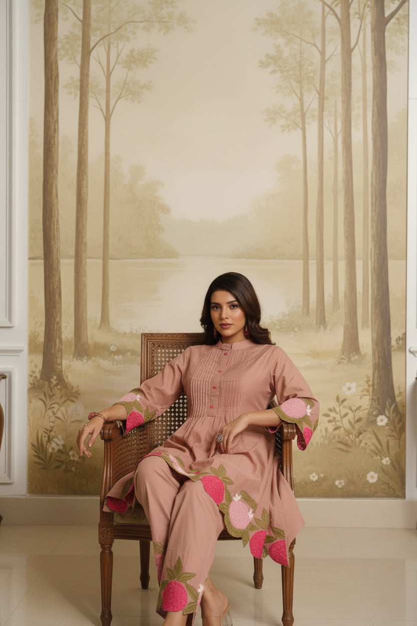 Dusty Rose Mul Cotton Embroidered Co-Ord Set with Mul Lining