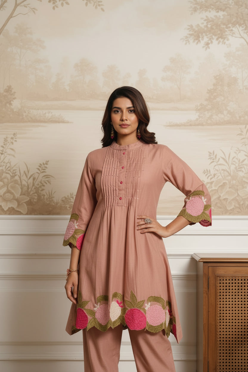 Dusty Rose Mul Cotton Embroidered Co-Ord Set with Mul Lining