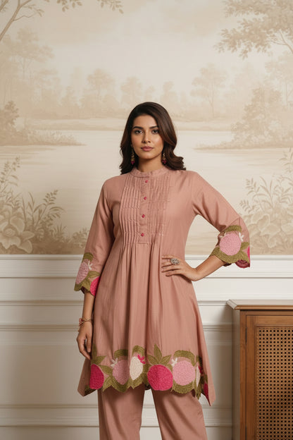 Dusty Rose Mul Cotton Embroidered Co-Ord Set with Mul Lining