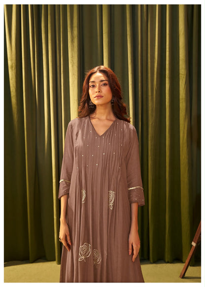 Pure Mul Chanderi Mauve Brown Suit Set