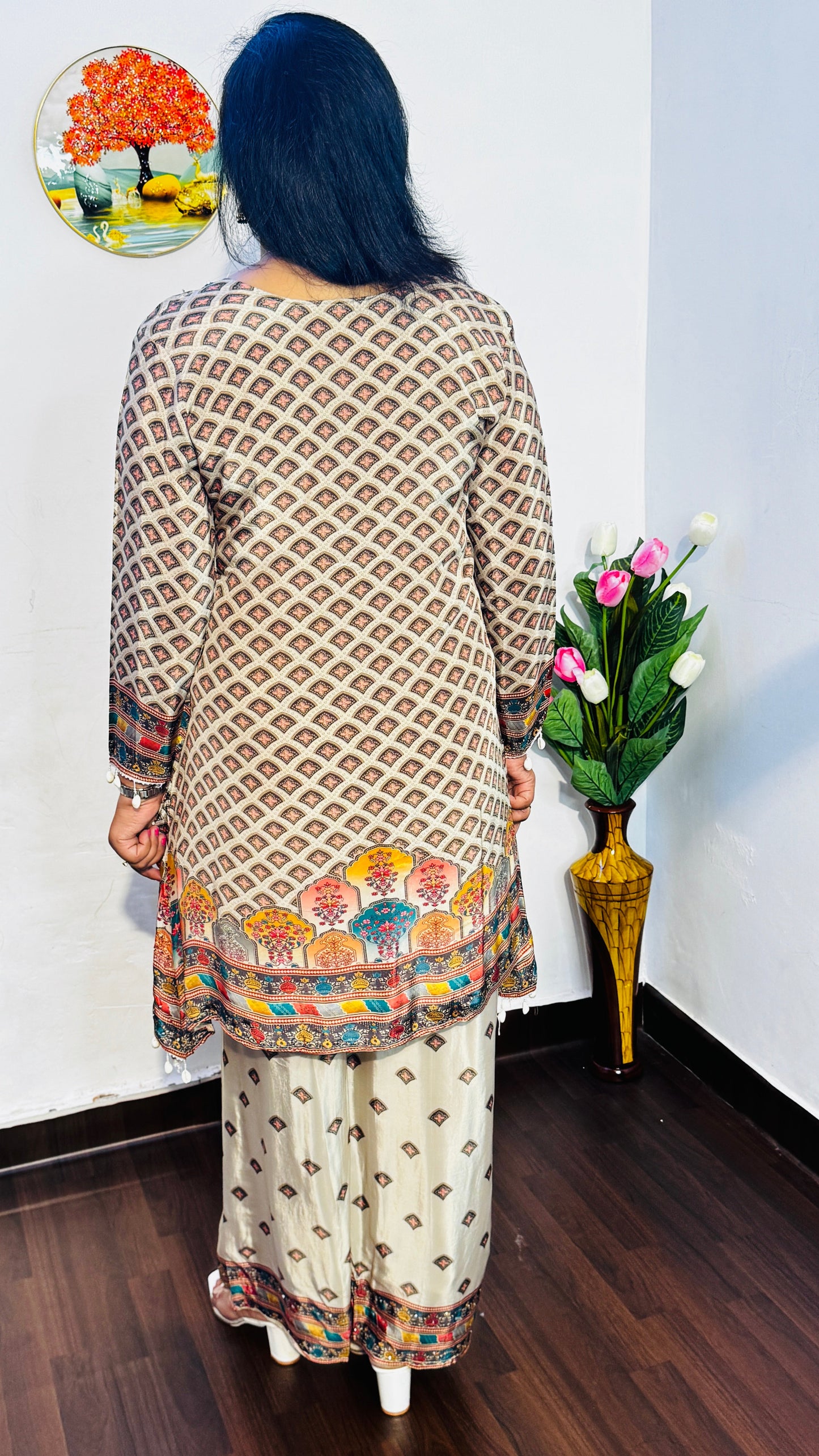 BEIGE PURE CRAPE EMBROIDERED PLAZZO SET WITH DUPATTA