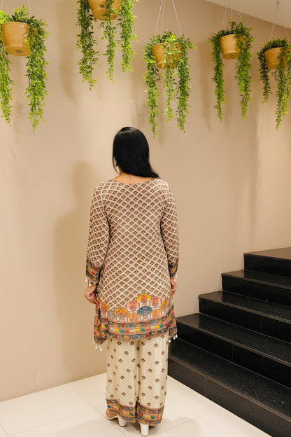 Beige Pure Crepe Embroidered Palazzo Set