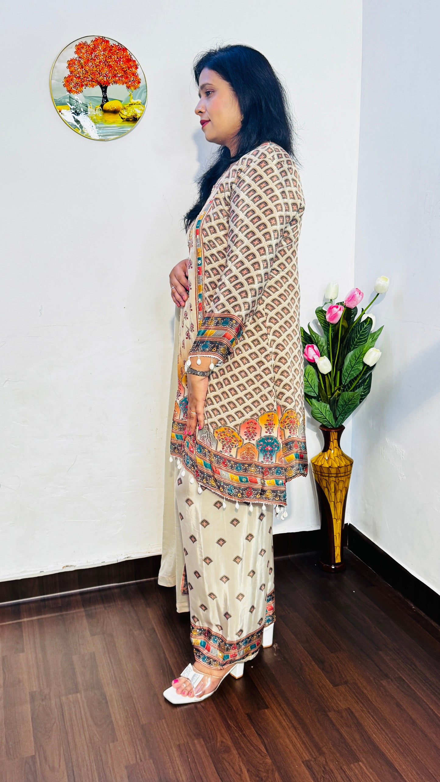 BEIGE PURE CRAPE EMBROIDERED PLAZZO SET WITH DUPATTA
