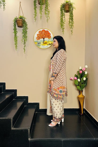 Beige Pure Crepe Embroidered Palazzo Set