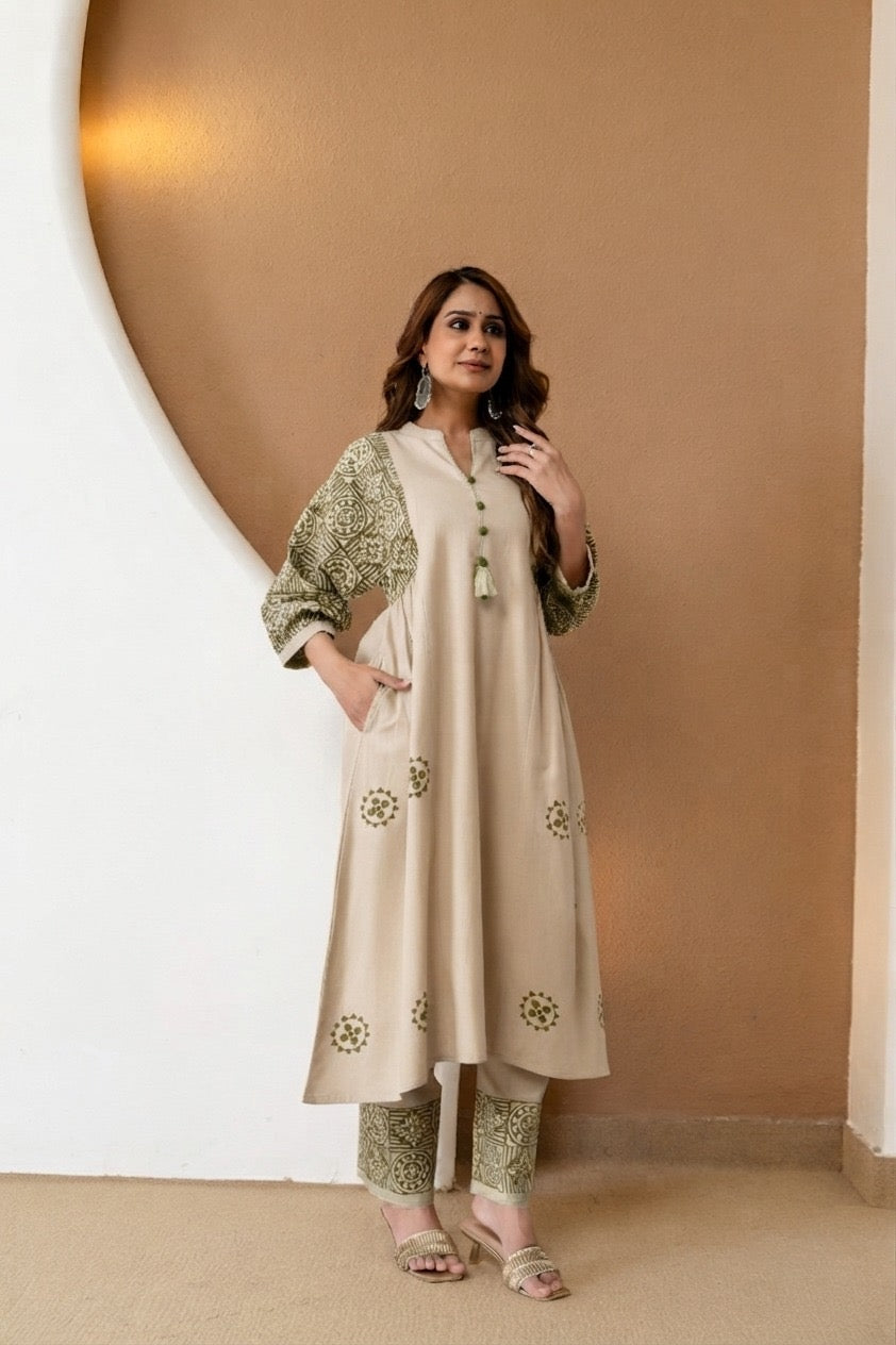 Pista Green Cotton Flex Aline Kurti Pant Set