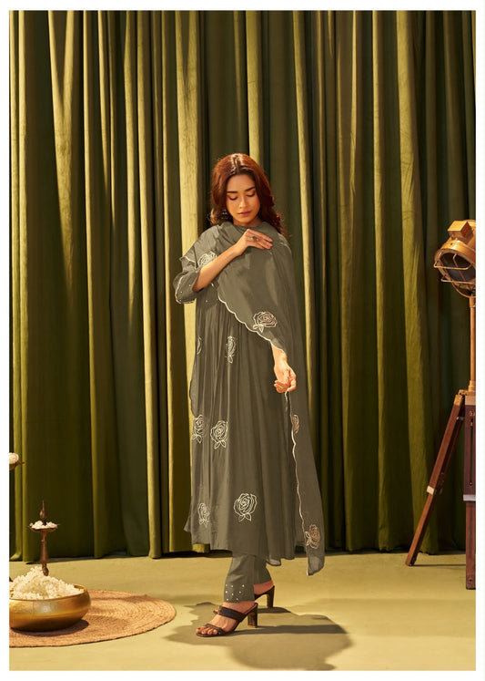 Pure Mul Chanderi Olive Green Suit  Set