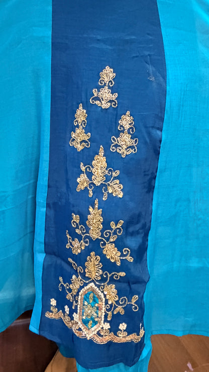 Rama Blue Mul Cotton Anarkali Suit Set with Zari Work