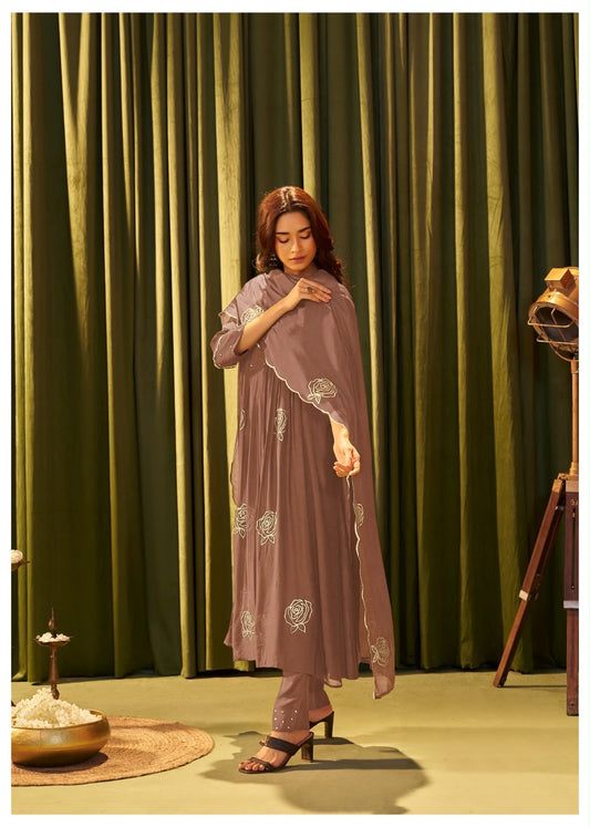 Pure Mul Chanderi Mauve Brown Suit Set