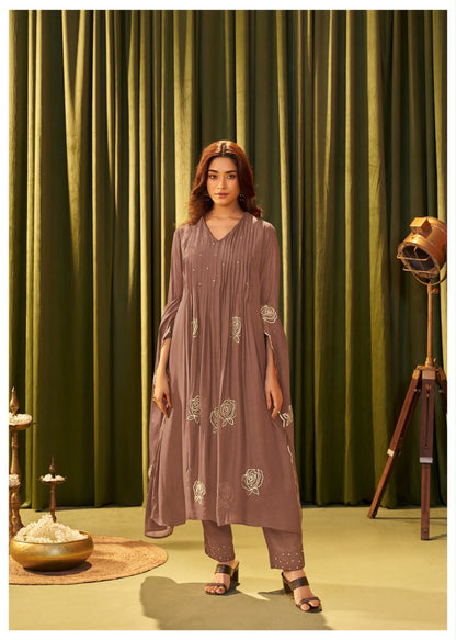 Pure Mul Chanderi Mauve Brown Suit Set