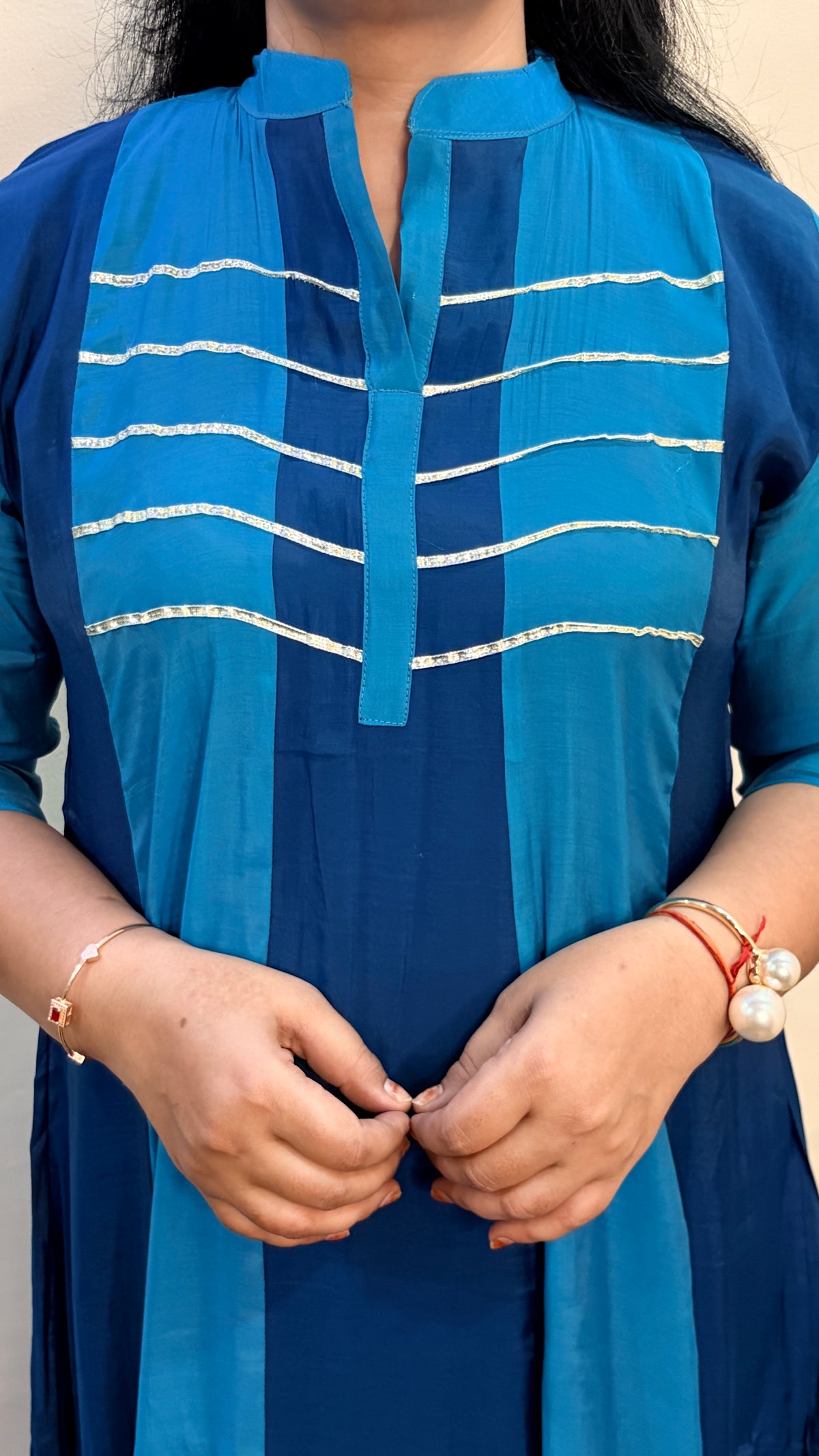 Rama Blue Mul Cotton Anarkali Suit Set with Zari Work