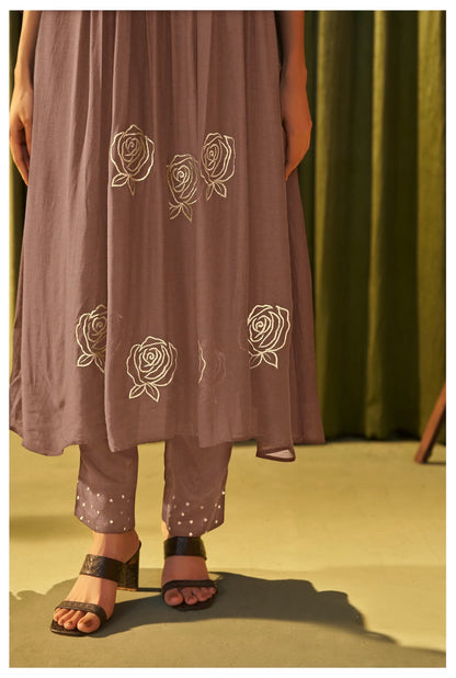 Pure Mul Chanderi Mauve Brown Suit Set