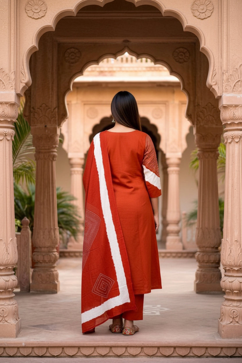 Rust  Bandhej Mul Cotton Suit Set | 3-Piece Ethnic Wear I Bhaviaura
