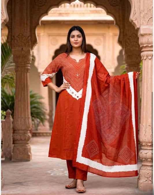Rust  Bandhej Mul Cotton Suit Set | 3-Piece Ethnic Wear I Bhaviaura