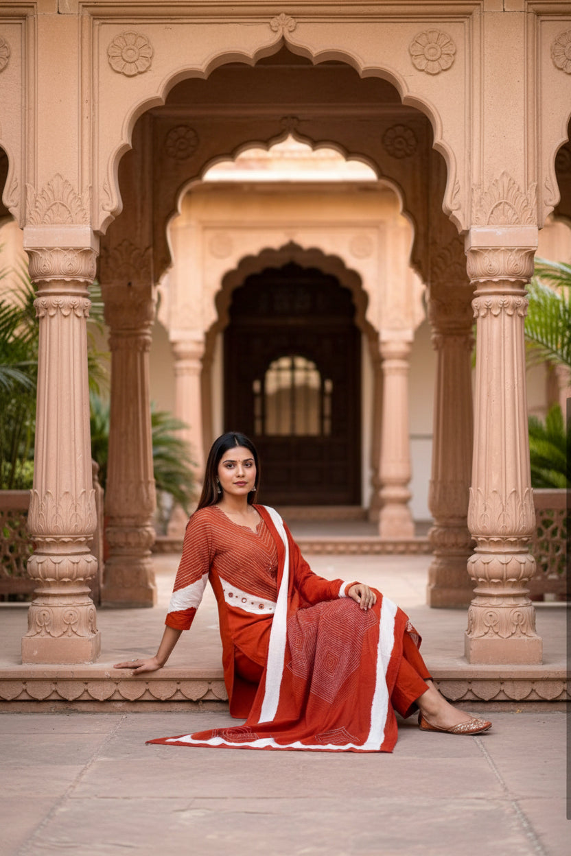 Rust  Bandhej Mul Cotton Suit Set | 3-Piece Ethnic Wear I Bhaviaura
