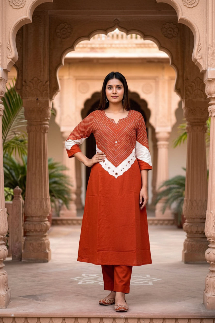 Rust  Bandhej Mul Cotton Suit Set | 3-Piece Ethnic Wear I Bhaviaura