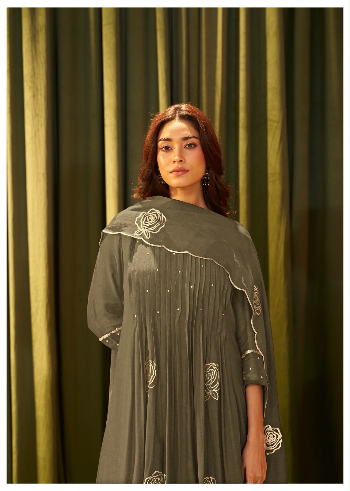 Pure Mul Chanderi Olive Green Suit  Set