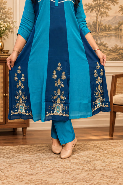 Rama Blue Mul Cotton Anarkali Suit Set with Zari Work