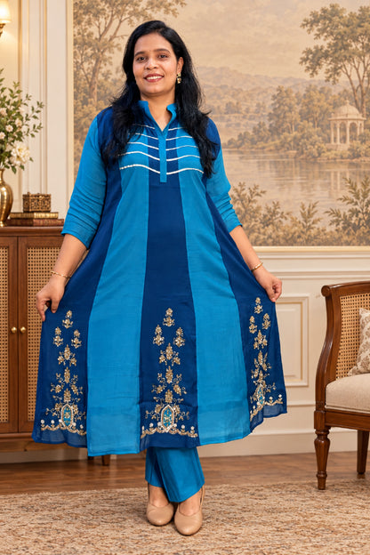 Rama Blue Mul Cotton Anarkali Suit Set with Zari Work