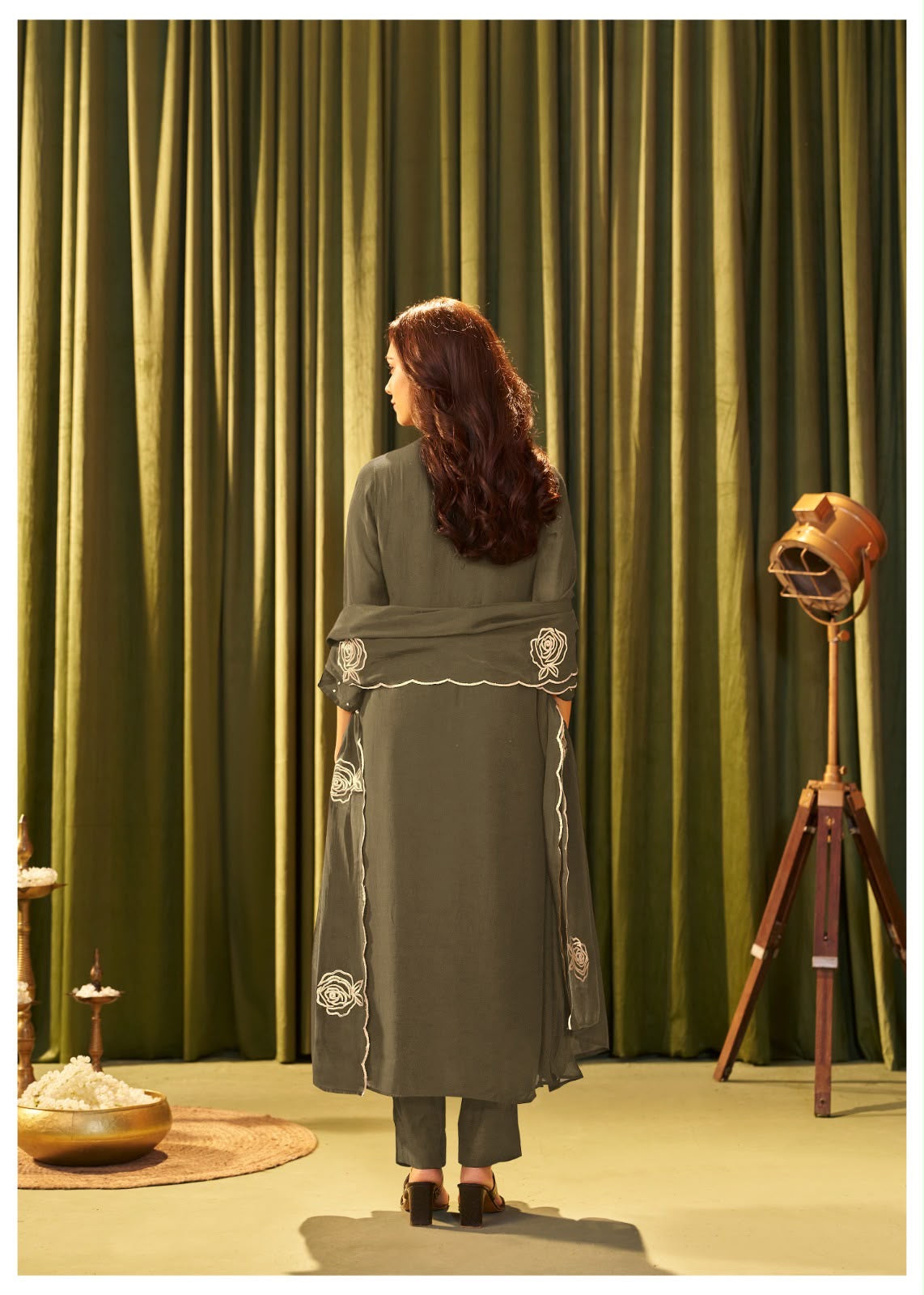 Pure Mul Chanderi Olive Green Suit  Set