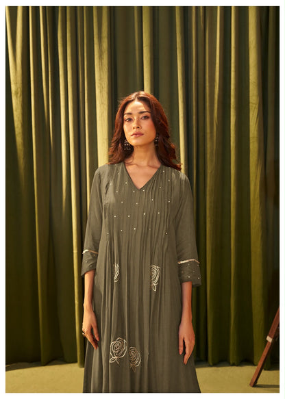 Pure Mul Chanderi Olive Green Suit  Set