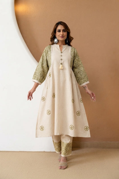 Pista Green Cotton Flex Aline Kurti Pant Set